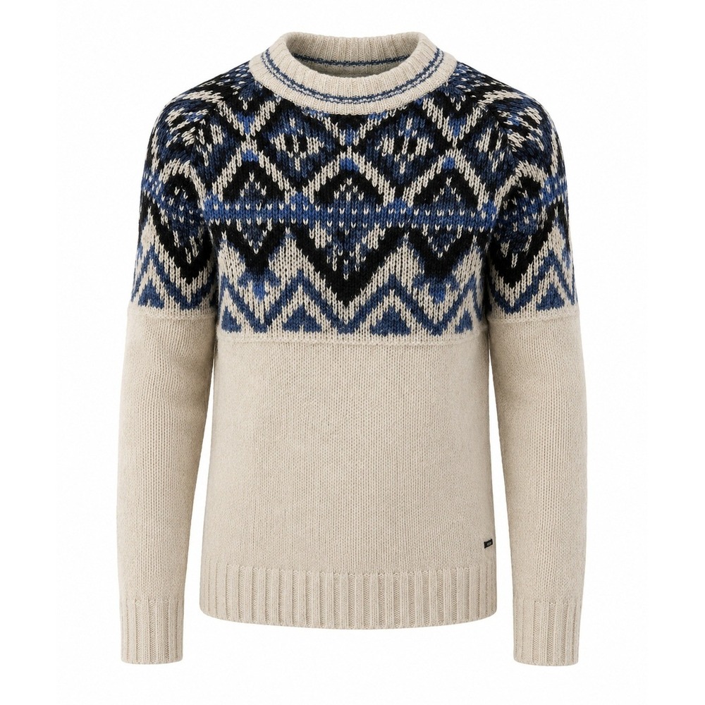 Hugo Boss Akaoki Mens XL Fair Isle Wool Blend Crewneck Sweater Beige Blue